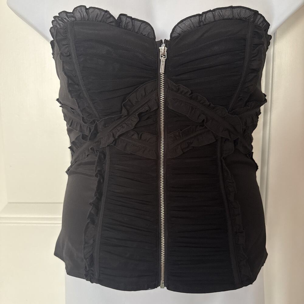 Y2K Bebe Silk Corset Top Ruched Ruffle Zip Bustier Medium Vintage Rare Black